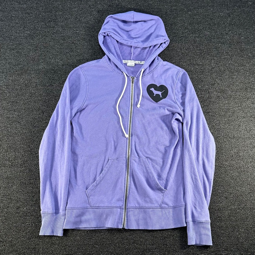 Victoria's Secret PINK Hoodie Womens M Purple Good Heart Logo Graphic Zip Up